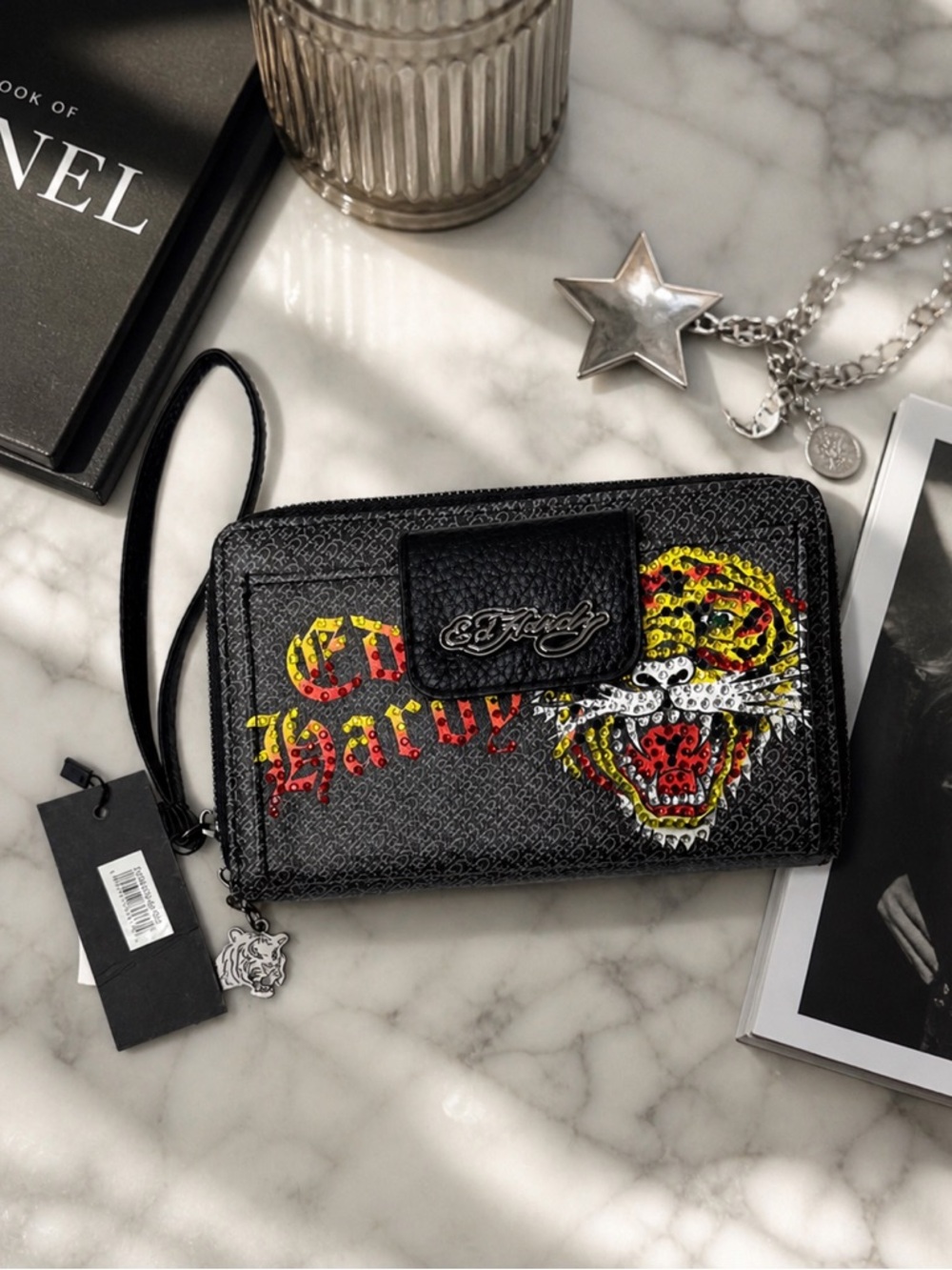 NWT Ed Hardy Rhinestone Tiger Zip Around Wallet Wristlet Black Y2K